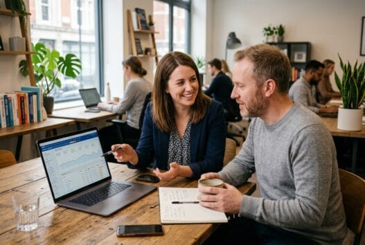 Freelancer arbejder med SEO ved laptop i et lyst, naturligt kontormiljø