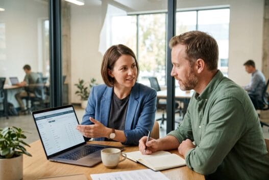 Freelancer rådgiver kunde om lokal SEO ved et bord i et lyst, moderne kontormiljø