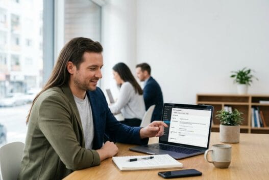 Person rådgiver om on-page SEO ved laptop i et lyst, naturligt kontormiljø