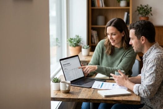 Person analyserer SEO-data ved en laptop i et roligt kontormiljø med fokus på rådgivning