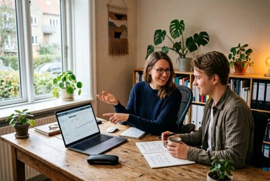 Person arbejder med SEO på laptop i et naturligt kontormiljø med fokus på rådgivning og samarbejde