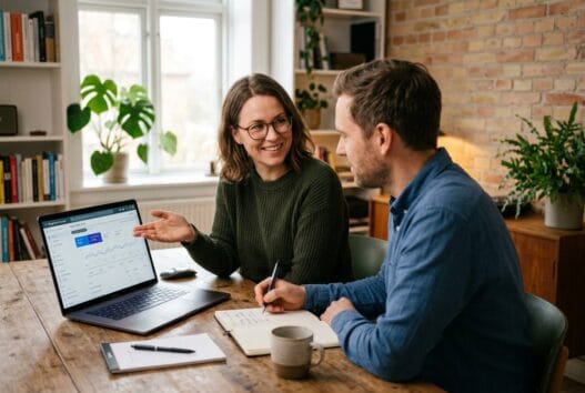 SEO konsulent rådgiver en kunde ved en laptop i et naturligt kontormiljø