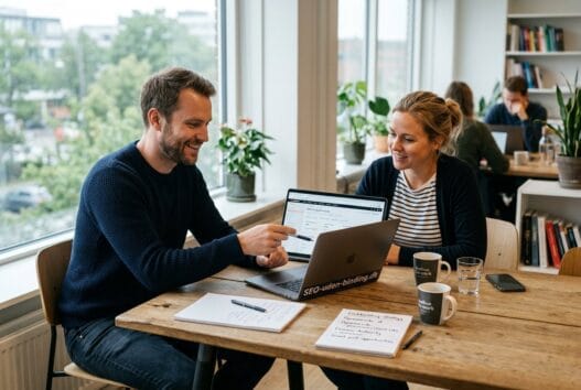 Freelancer rådgiver en kunde om SEO ved et bord i et lyst, moderne arbejdsmiljø