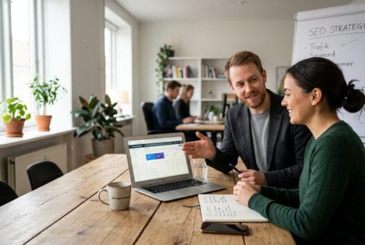 Person rådgiver kunde om SEO ved et bord i et lyst, moderne arbejdsmiljø