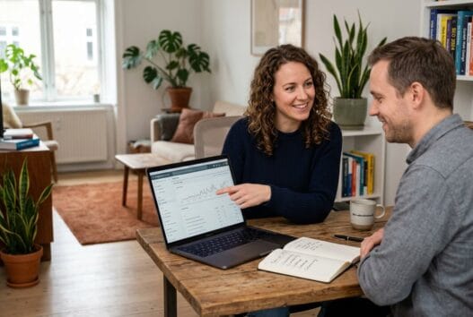 Freelancer analyserer SEO-data på laptop i et lyst kontormiljø med fokus på rådgivning